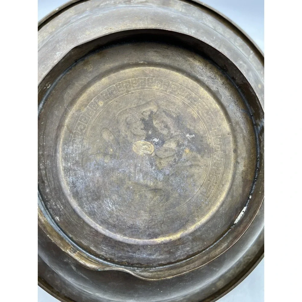 Brass Footed Shallow Bowl Chinese Fu Good Fortune Etched Greek Key Patina Decor